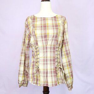 Anthropologie Guest Editor tan gingham blouse w/ corset detail